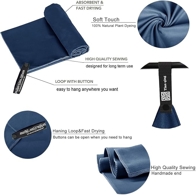 Tian qing Microfiber Towel Set, 2 Pieces, Fast Drying, Soft Touch, Lightweight, Multiple Sizes for Beach, Camping, Gym, Hiking, Pool, Yoga,Travel (Dark Blue, Medium)