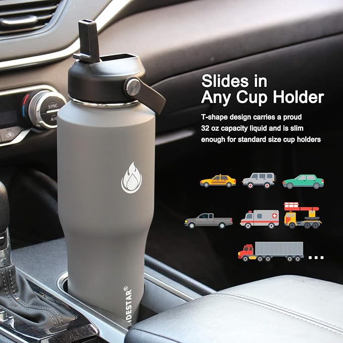 SENDESTAR Water Bottle 32oz,Wide Mouth Stainless Steel Vacuum Insulated Double Wall Keep Liquids Cold or Hot All Day,Sweat Proof Sport Design,Fit Car Cup Holder,2 Lids(Straw and Spout lid)(Gray)