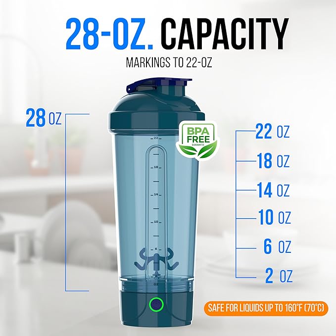 VELOMIX Electric Protein Shaker Bottle - 24 oz | USB-C Rechargeable | Leak Proof Shaker Cups for Protein Shakes | Portable Blender for Shakes and Smoothies (Electric - Blue)