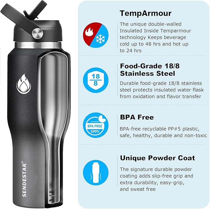 SENDESTAR 40oz Stainless Steel Water Bottle(Cold for 48 Hrs, Hot for 24 Hrs),Double Wall Vacuum Insulated Bottle with Straw Lid, Spout Lid and Flex Cap, Fit in Any Car Cup Holder,Grey-B