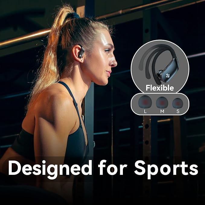 bmani Ear Buds Wireless Earbuds Bluetooth Headphones with 80H Playtime LED Display Case, Over-Ear Hook with Mic, Stereo Sound, Easy Button Controls, Sports Earphones for Running Workout Gym Black