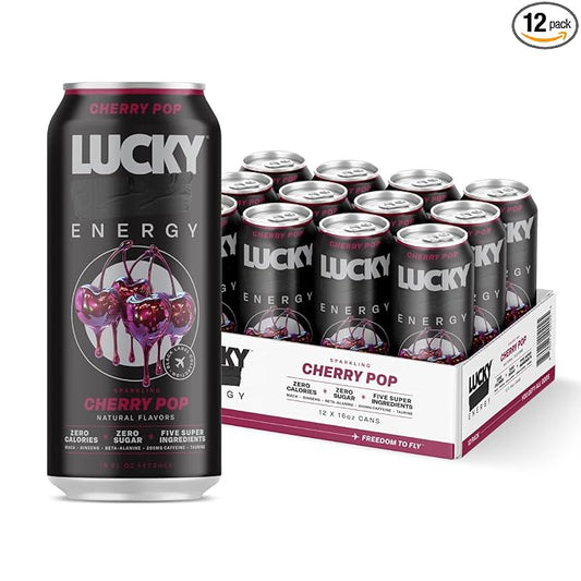 Lucky Energy Sugar Free Energy Drinks, Cherry Pop, 16oz Cans (12-Pack) Healthy, Zero Sugar Energy Drink with Maca, Ginseng, Beta-Alanine, Taurine & 200mg Caffeine