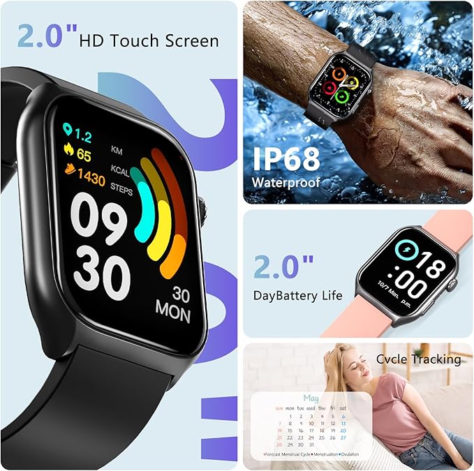 YMS Android Smart Watch for Women - Bluetooth Call,Compatible with Android & iOS,2.0" HD Screen, Heart Rate/Sleep/Step Tracker, 100+ Sports Modes,IP68 Waterproof Men Fitness Tracker (Black)