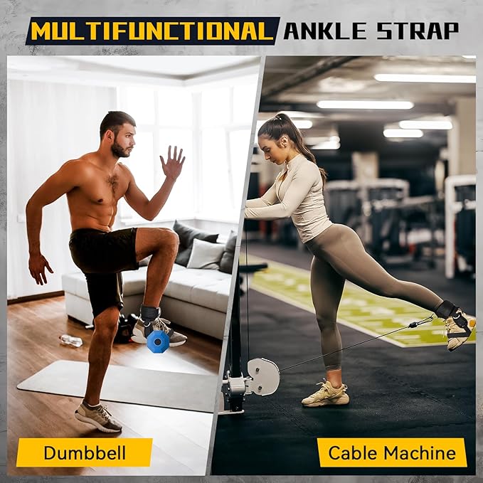 Ankle Straps for Cable Machine and Dumbbell, Dumbbell Foot Attachment for Gym with Longer Nylon Strap/Protective Gasket/5 Steel D-Ring, Tibialis Trainer, Leg Workouts, Hamstring Curls for Women Men