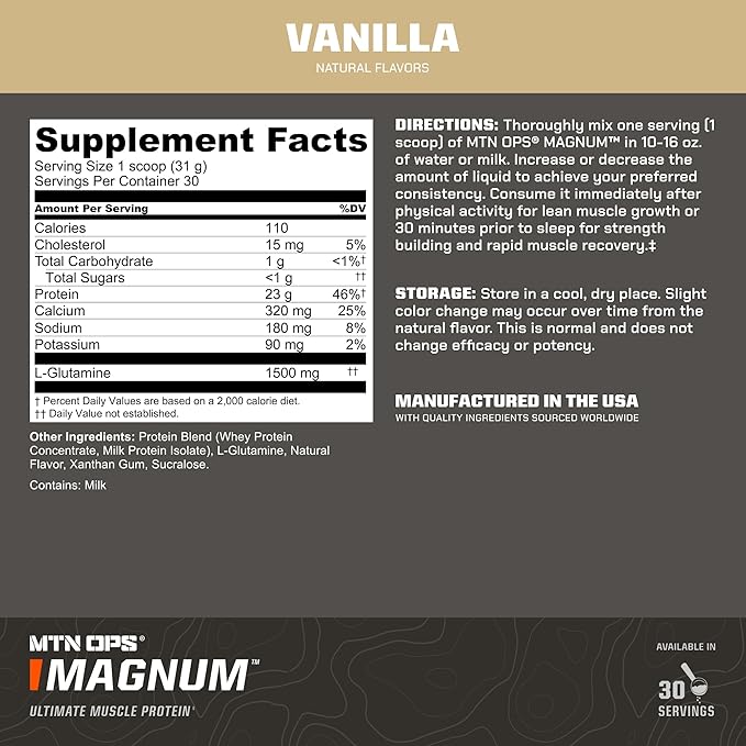 MTN OPS Magnum Vanilla Protein Powder, 23g of Whey Isolate Protein & Milk Protein with BCAAs, Zero Sugar & Gluten Free, Vanilla Milkshake, 30-Serving Tub