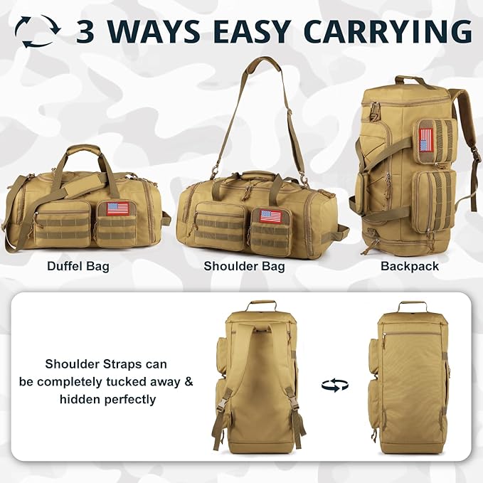 Tactical Gym Bag for Men,70L Large 3 in 1 Sports Duffle Bag with Shoes Compartment for Travel,Water Resistant Travel Backpack Weekender Overnight Bag with Wet Pocket for Women