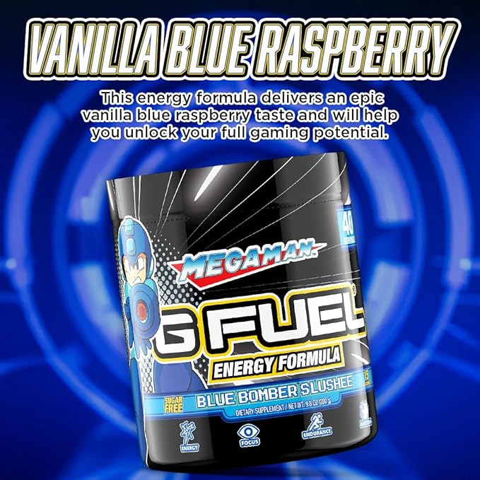 G Fuel Megaman Energy Drink Powder, Pre Workout Caffeine Mix for Gaming, Sugar Free Focus Amino, Vitamin + Antioxidants, 9.9oz (Blue Slushee, 40 Servings)