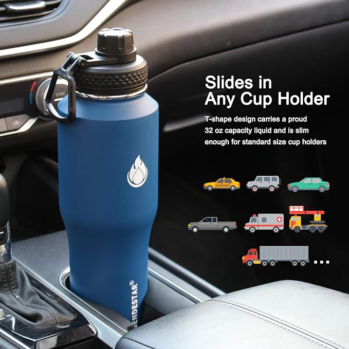 SENDESTAR Water Bottle 32oz,Wide Mouth Stainless Steel Vacuum Insulated Double Wall Keep Liquids Cold or Hot All Day,Sweat Proof Sport Design,Fit Car Cup Holder,2 Lids(Straw and Spout lid)(Cobalt)