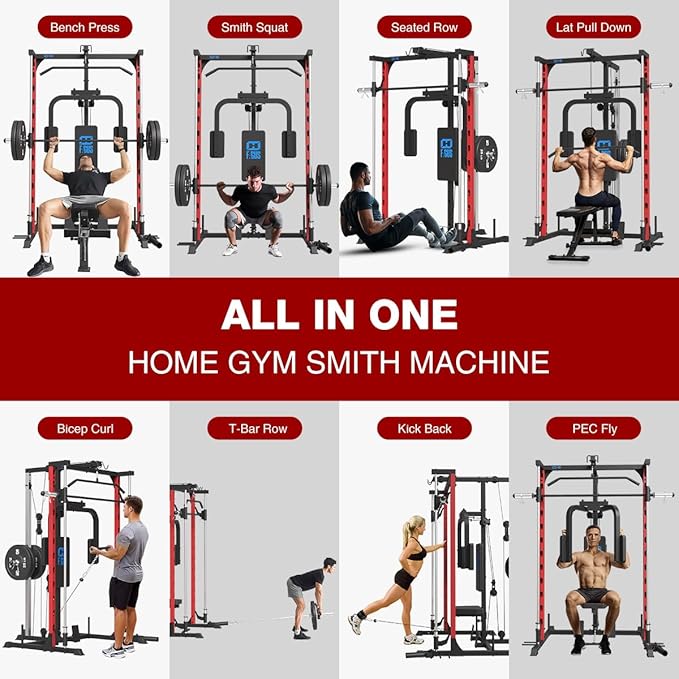 FAGUS Smith Machine Home Gym Power Cage with Pulley System, Space Saving Design Squat Rack with Full Body Strength Training Attachments, PEC Station & Fixed Cable Crossover Optional