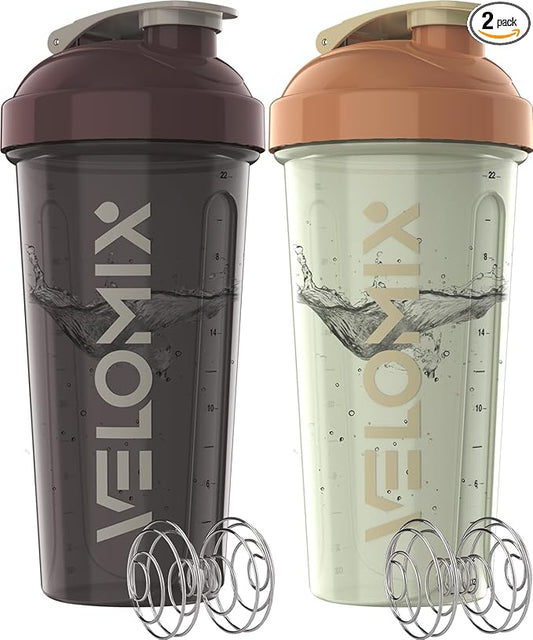 VELOMIX -2 Pack- 28 oz Protein Shaker Bottles for Protein Mixes - 2x Wire Whisk | Leak Proof Shaker Cups for Protein Shakes | Protein Shaker Bottle Pack | Shakers for Protein Shakes-Mixed Color