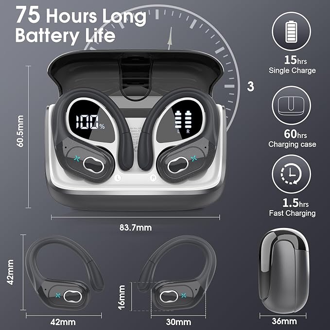Wireless Earbuds 75hrs Bluetooth 5.4 Headphone Sport, 2025 Bluetooth Earbuds Stereo Deep Bass Over Ear Bud with Earhooks, ENC Noise Cancelling Mic, IPX7 Waterproof Earphone, Iron Gray