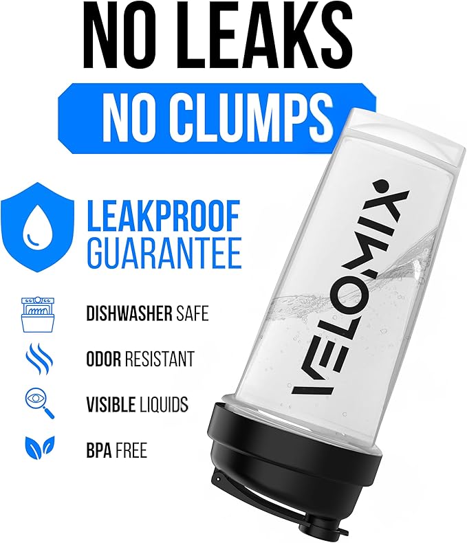 VELOMIX -2 Pack- 45 oz Protein Shaker Bottles for Protein Mixes - 2x Wire Whisk | Leak Proof Shaker Cups for Protein Shakes | Protein Shaker Bottle Pack | Shakers for Protein Shakes-Black&Transparent