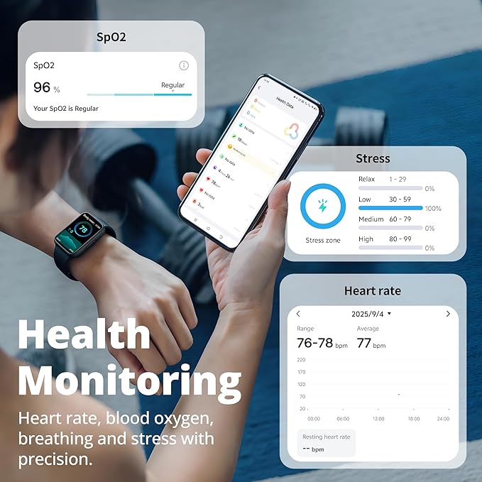Fitness Tracker Watch for Men & Women, 1.47" HD with Bluetooth, 24/7 Heart Rate & Blood Oxygen Monitor, Sleep & Step Counter, 100+ Sports Modes, IP68 Waterproof, Compatible with Android iOS Black