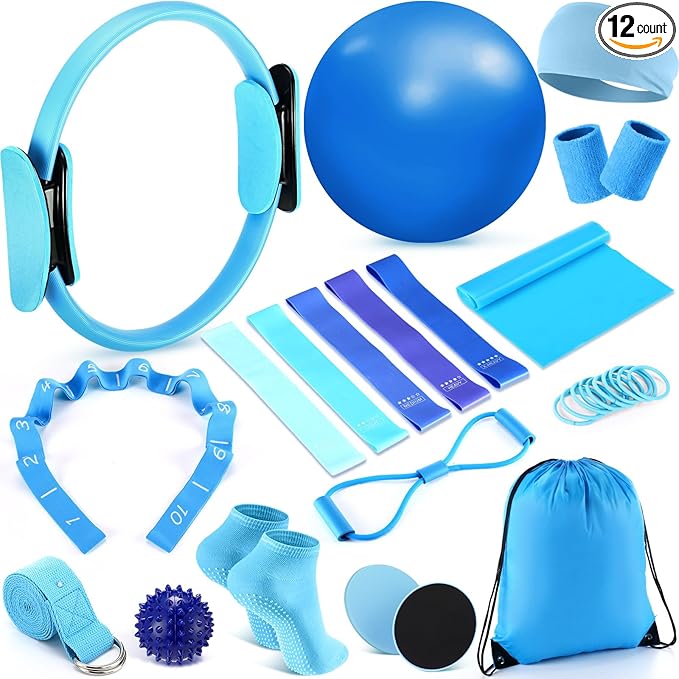 Poen 18 Pcs Pilates Ring Kit Home Pilates Ring Circle and Ball Set for Women Yoga Fitness Set with 5 Resistance Band Stretching Strap Non Slip Sock Ball Core Slider Wristband Headband Gym Bag