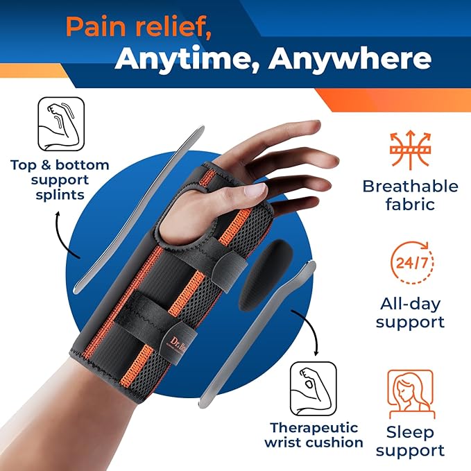 DR. BRACE Adjustable Wrist Brace Night Support for Carpal Tunnel, Doctor Developed, Upgraded with Double Splint & Therapeutic Cushion,Hand Brace for Pain Relief,Injuries,Sprains (L/XL Left Hand, Black-Orange)