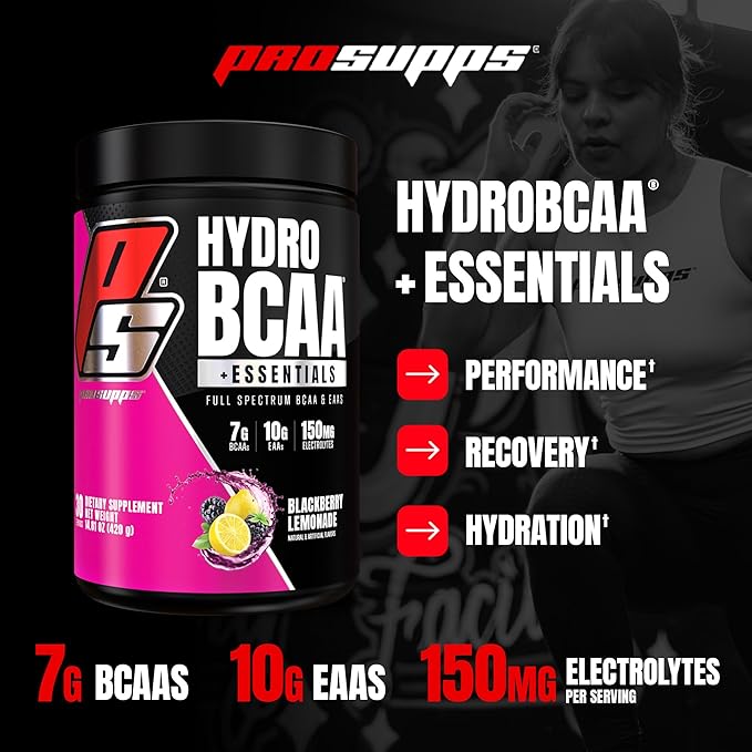 PROSUPPS HydroBCAA Essential Amino Acids Powder, BlackBerry Lemonade - Workout Supplement with BCAA, EAAs & Electrolytes for Hydration & Recovery - Stimulant-Free, Soy & Gluten-Free - 30 Servings