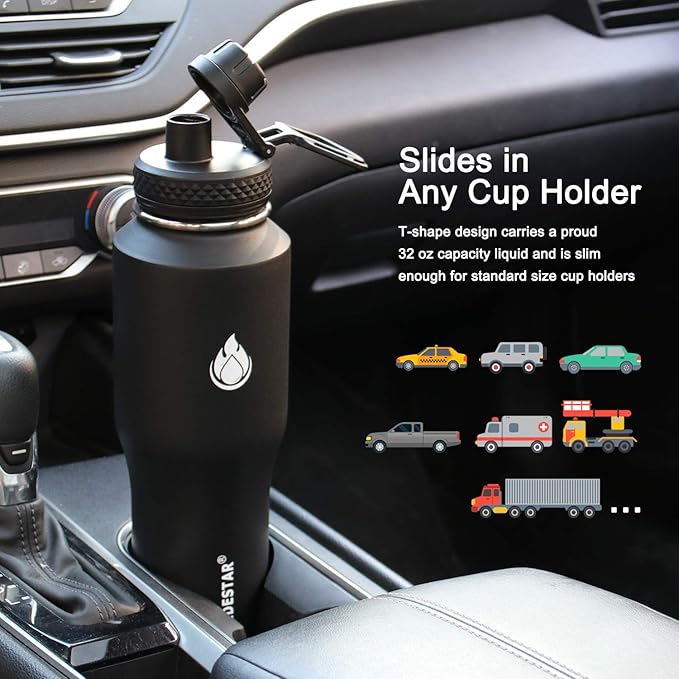 SENDESTAR Water Bottle 32oz,Wide Mouth Stainless Steel Vacuum Insulated Double Wall Keep Liquids Cold or Hot All Day,Sweat Proof Sport Design,Fit Car Cup Holder,2 Lids(Straw and Spout lid)(Black)