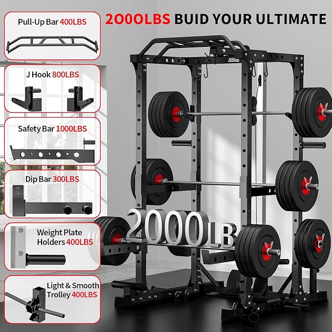 JEEKEE Power Cage,2000lbs Multi-Function Squat Rack, 2000lbs Power Rack with Cable Crossover System and 20+ Attachments