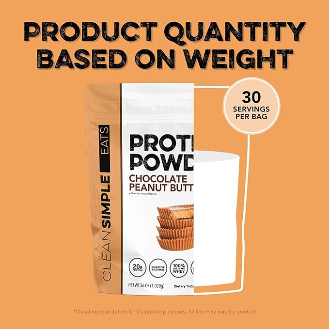 Clean Simple Eats Whey Protein Powder, Chocolate Peanut Butter Flavor Naturally Sweetened, 100% Grass Fed Protein Powder with Digestive Enzymes & No Artificial Ingredients, Gluten Free, 30 Servings