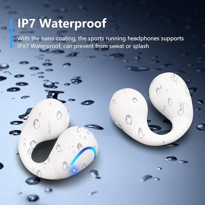 Open Ear Bone Conduction Headphones Bluetooth 5.3 Wireless Open Clip Ear Earbuds Built-in Mic with Ear Hooks 60 Hours Playtime Sport Earphones IPX7 Waterproof for Fitness Running Walking White 1