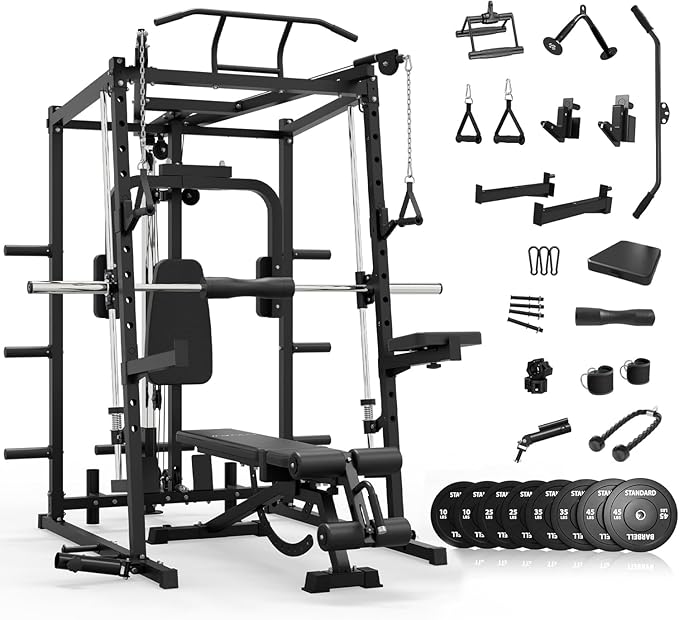 Mikolo All-in-One Smith Machine Home Gym with 230lbs Weight Plates, Power Cage with Cable Crossover, LAT Pulldown, Squat Rack & Adjustable Weight Bench