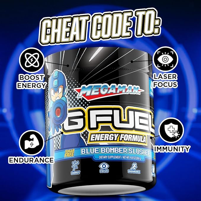 G Fuel Megaman Energy Drink Powder, Pre Workout Caffeine Mix for Gaming, Sugar Free Focus Amino, Vitamin + Antioxidants, 9.9oz (Blue Slushee, 40 Servings)