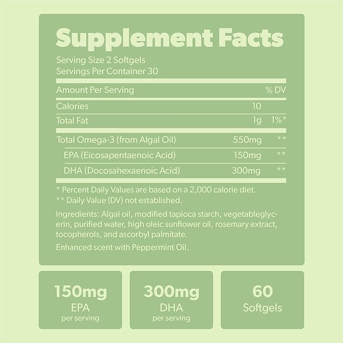 Vegan Omega 3 Supplement - Plant Based DHA & EPA Fatty Acids - Carrageenan Free, Alternative to Fish Oil, Supports Heart, Brain, Joint Health - Sustainably Sourced Algae - 60 Softgels