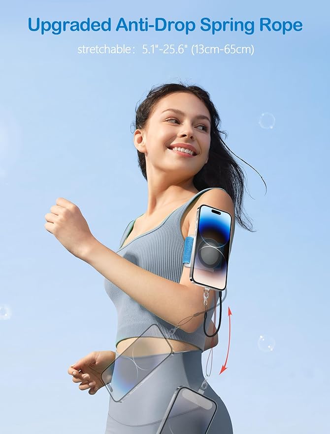 TOPGO Magnetic Running Phone Holder for iPhone, HD Mirror & Extendable Anti-Drop Rope for Gym/Yoga, 360° Rotatable Wrist Phone Holder, Fits iPhone 16 Pro & Android (Black, 2 Straps)