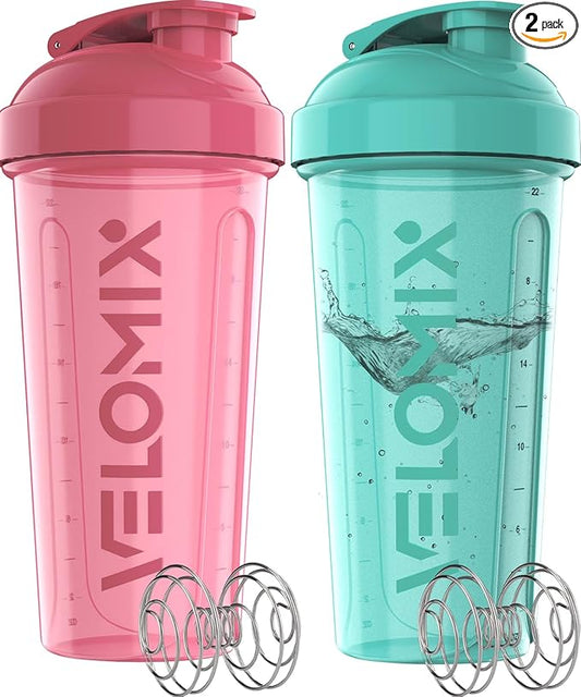VELOMIX -2 Pack- 28 oz Protein Shaker Bottles for Protein Mixes - 2x Wire Whisk | Leak Proof Shaker Cups for Protein Shakes | Protein Shaker Bottle Pack (Pink/Turquise)