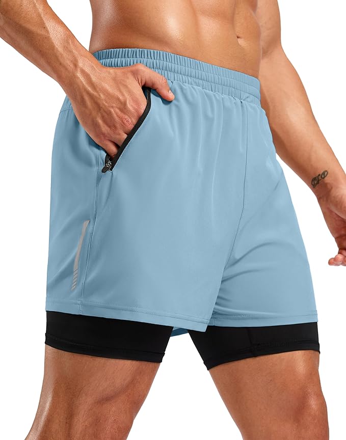 Pudolla Men's 7" Running Shorts with Zipper Pockets Quick Dry 2 in 1 Workout Gym Shorts with Liner for Tennis Yoga Training