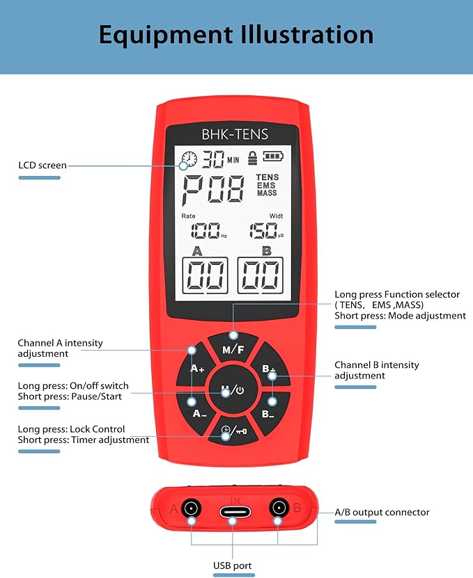 Rechargeable TENS Unit Machine for Pain Relief Therapy, Electronic EMS Muscle Stimulator for Shoulder Pain Relief, TENS&EMS Stimulator for Back Pain, Shoulder Neck Pain Relief, Sciatica Pain, red