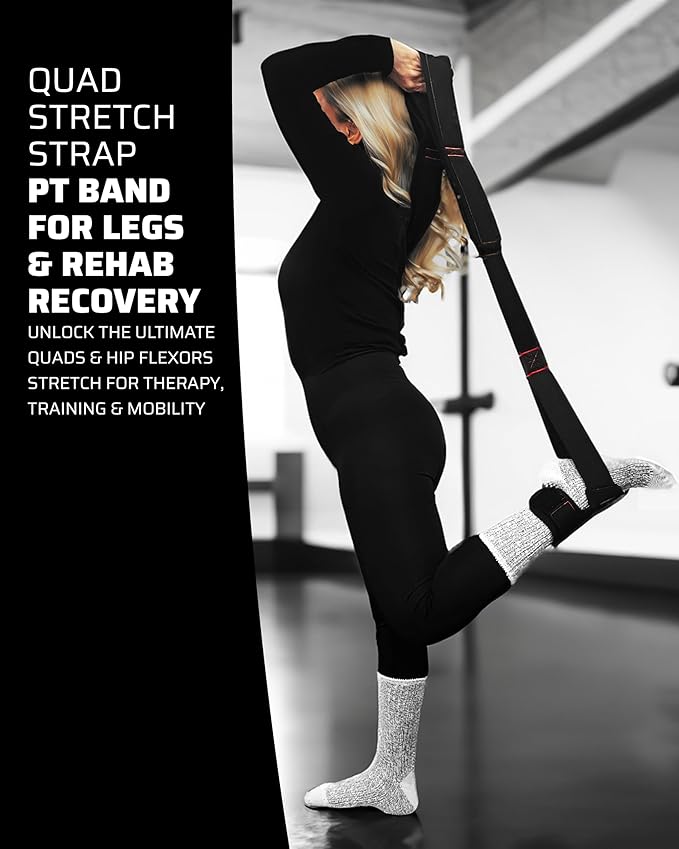 Quad Stretch Strap with Ankle Support – Physical Therapy Band for Legs, Non-Elastic 4-Loop Rehab Strap for Quads & Hip Flexors, Mobility & Recovery