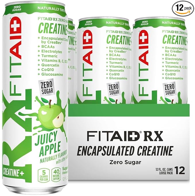FITAID RX Zero Sugar, Encapsulated Creatine, Workout Recovery Drink, All-In-One Blend, BCAAs, Glucosamine, Turmeric, B-Complex, Naturally Sweetened, Juicy Apple, 12 Fl Oz (Pack of 12)