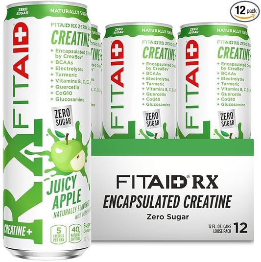 FITAID RX Zero Sugar, Encapsulated Creatine, Workout Recovery Drink, All-In-One Blend, BCAAs, Glucosamine, Turmeric, B-Complex, Naturally Sweetened, Juicy Apple, 12 Fl Oz (Pack of 12)