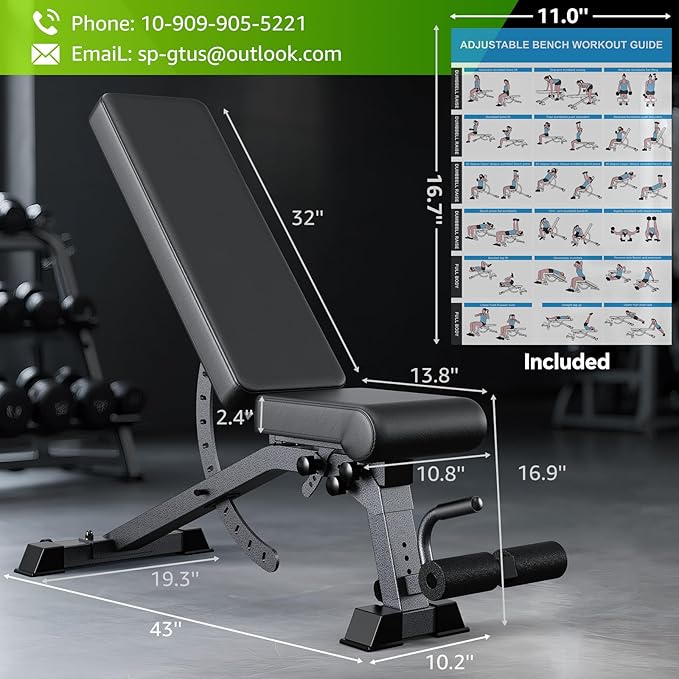 Adjustable Weight Bench with 12x4x4 Positions, 1200LB Heavy Duty Workout Bench for Home Gym, Commercial Incline-Flat-Decline Bench Press for Full Body Fitness, Fully Upright Backrest with 4 Suitable Leg Rest Gears