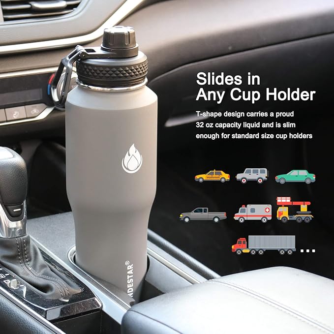 SENDESTAR Water Bottle 32oz,Wide Mouth Stainless Steel Vacuum Insulated Double Wall Keep Liquids Cold or Hot All Day,Sweat Proof Sport Design,Fit Car Cup Holder,2 Lids(Straw and Spout lid)(Gray)