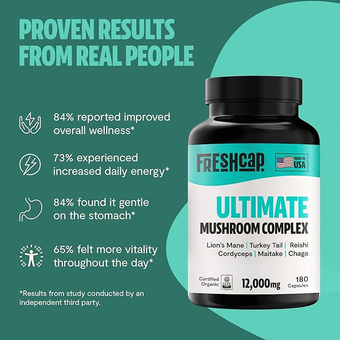 FreshCap Ultimate Mushroom Supplement 12,000mg - Nootropic Complex Capsules, Organic Mushroom Immune Support, Brain Supplements for Memory and Focus, Ayurveda Nootropic (180 Capsules)