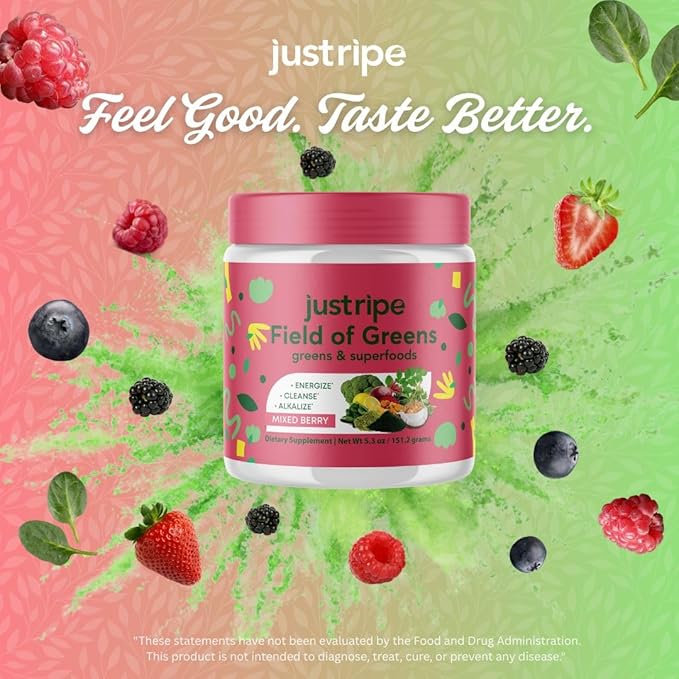 Field of Greens Superfood Powder with Organic Spirulina, Chlorella, Beet Root Powder - Bacillus Coagulans Probiotic, A Plant-Based Mix Supporting Gut Health, Immunity, 28 Scoops - Mixed Berry