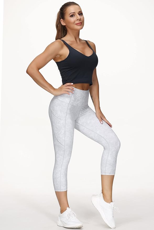 THE GYM PEOPLE Thick High Waist Capris Yoga Pants with Pockets, Tummy Control Workout Running Yoga Leggings for Women