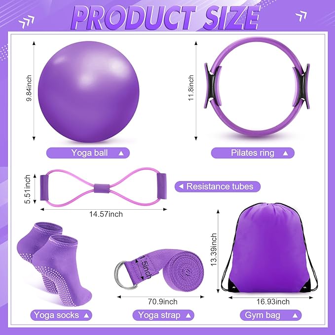 Poen 18 Pcs Pilates Ring Kit Home Pilates Ring Circle and Ball Set for Women Yoga Fitness Set with 5 Resistance Band Stretching Strap Non Slip Sock Ball Core Slider Wristband Headband Gym Bag