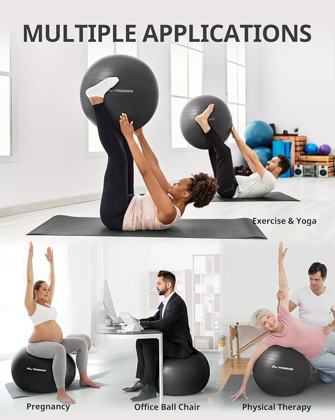 Trideer Extra Thick Yoga Ball Exercise Ball, 5 Sizes Gym Ball, Heavy Duty Ball Chair for Balance, Stability, Pregnancy, Quick Pump Included