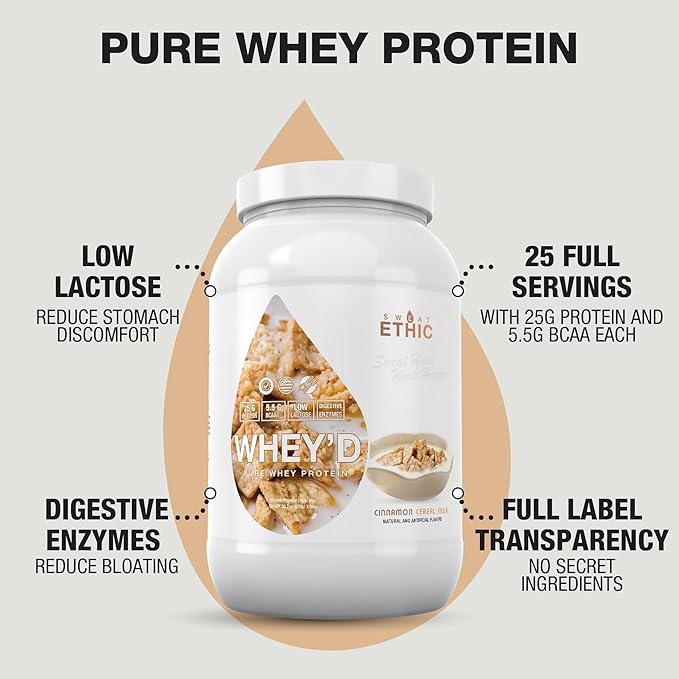 Sweat Ethic Whey'd Protein Powder, 25 G Whey Protein Blend with Concentrate, Isolate & Hydrolysate, Low Lactose & Digestive Enzymes for Easy Mixing & Smooth Texture, Cinnamon Cereal Milk, 25 Servings