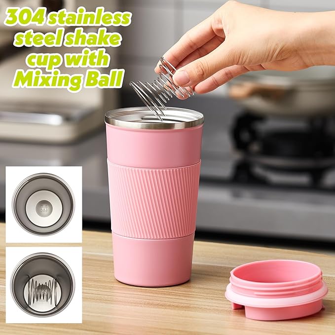 Maxdot 2 Pcs Stainless Steel Shaker Cup with Mixing Ball 17 oz Insulated Metal Blender Tumbler Water Bottle for Protein Mixes Gym Workout Coffee Drink (Pink)