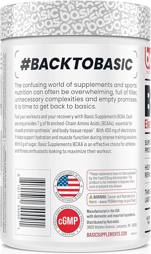 BCAA Powder, Instantized Formula with 7g BCAAs, 2:1:1 Ratio, 450mg of Electrolytes, Sugar-Free, Vegan, Gluten-Free, Supports Muscle Recovery