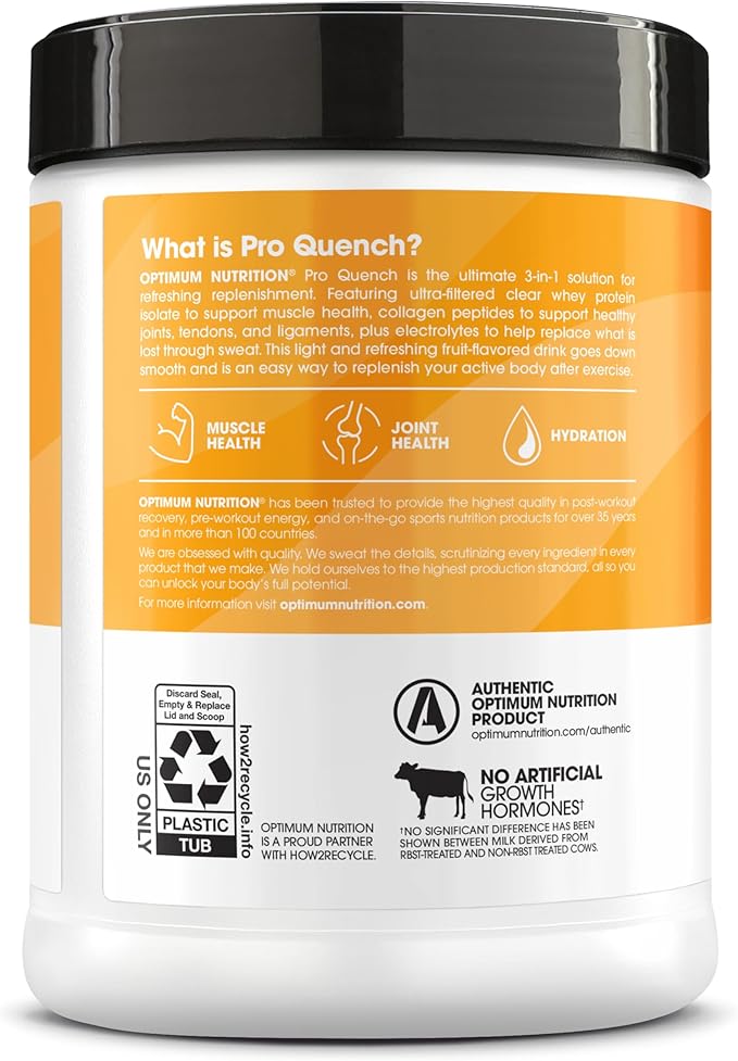 Optimum Nutrition Pro Quench, 10g Clear Protein, 10g Collagen peptides & Electrolyte Powder Drink Mix, Tropical Orange Mango, 20 Servings, 520 Grams (Packaging May Vary)