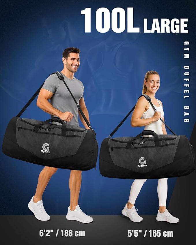 Gonex Gym Duffel Bag with Shoe Compartment Wet Pocket, Large Capacity Sports Duffle Bag for Men Women, Workout & Travel Bag with Multiple Pockets, Black, Large (100L)