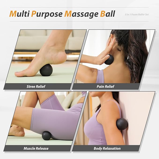 5 in1 Foam Roller Set, Trigger Point Foam Roller, Massage Roller Stick, Massage Ball, Resistance Band for Deep Muscle Massage Pilates Yoga,Fitness Exercise for Whole Body (Pure Black)
