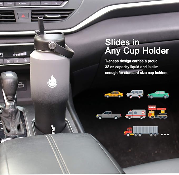SENDESTAR Water Bottle 32oz,Wide Mouth Stainless Steel Vacuum Insulated Double Wall Keep Liquids Cold or Hot All Day,Sweat Proof Sport Design,Fit Car Cup Holder,2 Lids(Straw and Spout lid)(Gray&Black)