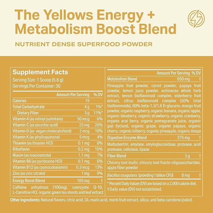 Proper, The Yellows Metabolism and Energy Boost, Sugar Free Energy Drink Powder with 100mg Caffeine. No Creatine or Beta-Alanine. 15 Servings, Pineapple Mango Drink Mix for Men and Women
