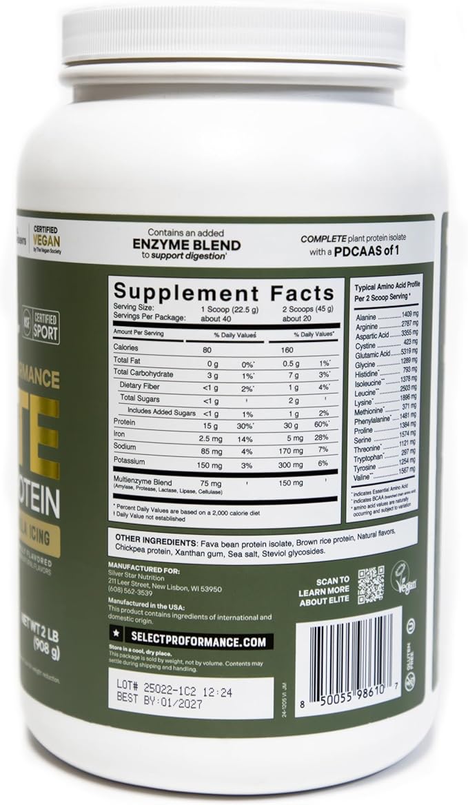 Silver Star Nutrition, Select Proformance Elite Vegan Plant Protein Powder, Vanilla Icing, NSF Certified, No Added Sugar, 15g of Protein per Serving, 40 Servings, 2 Lbs